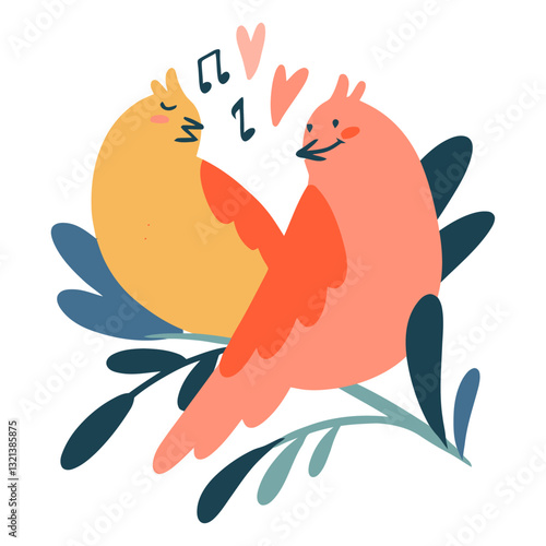 Love Birds: Two cheerful birds, full of affection and musical notes, sit together on a branch with delicate leaves. Celebrating the emotions of connection, harmony, and love.