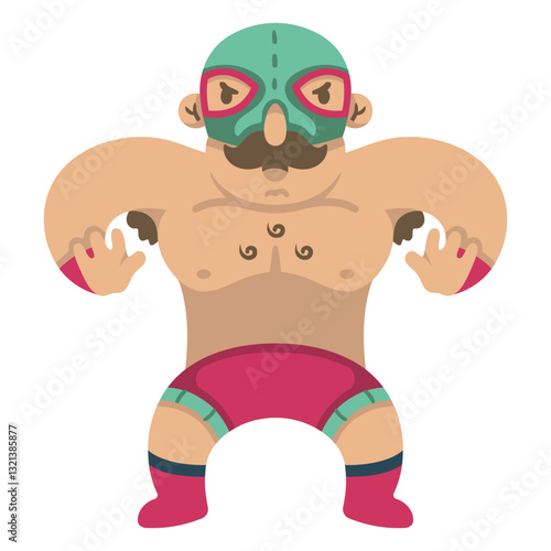Strong Man in Mask: A vibrant illustration showcasing a muscular masked luchador in a powerful stance, a symbol of strength and performance art.