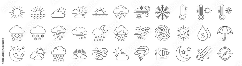 Weather, Climate line icon set. Vector pictograms of storm, rain, thunderstorm, snow, hurricane forecast, UV index, hail, thermometer thin linear illustration. Weather, Climate line icon set. Vector pictograms of storm, rain, thunderstorm, snow, hurricane forecast, UV index, hail, thermometer thin linear illustration.