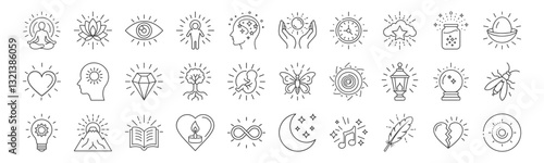 Spiritual, Inner Growth line icon set. Vector pictograms of mindfulness, personal transformation, enlightenment, crystal glow, meditation, universe, chakra strength, esoteric thin linear illustration.