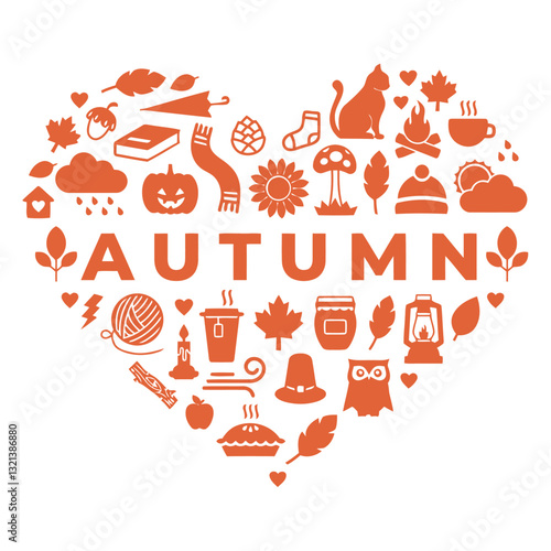 Embracing Autumn in a Heart: A charming compilation of autumn-themed icons, artfully arranged within a heart shape, perfectly capturing the season's essence and sentiments.