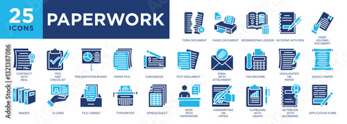 Paperwork, paper, business, document, job, contract icon set. icons collection. Simple vector illustration	