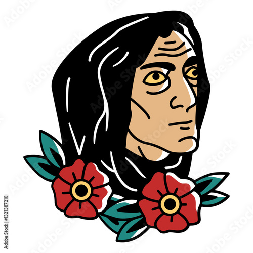 Mysterious Portrait and Red Floral Adornment: A captivating, hand-drawn portrait, draped in a dark, flowing hood and framed with vibrant red roses. This illustration blends artistry with symbolism. 