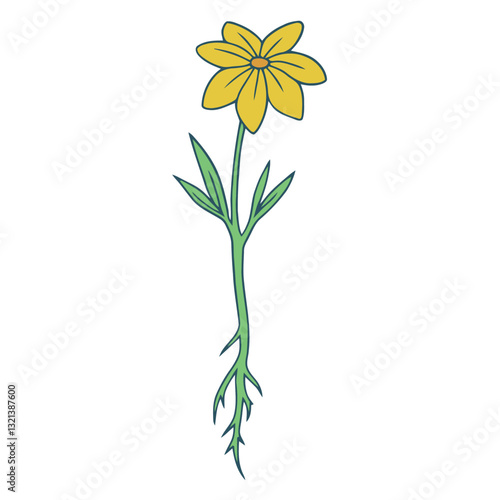 Yellow Flower Illustration: A vibrant hand-drawn illustration of a single yellow flower, showcasing its delicate petals, slender stem, and intricate roots.
