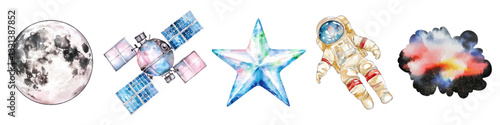 Moon, satellite, star, astronaut, and nebula watercolor vector illustration set isolated on transparent background.