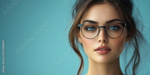 Wallpaper Mural Woman with stylish glasses poses against a soft blue background showcasing her clear blue eyes and natural beauty Torontodigital.ca