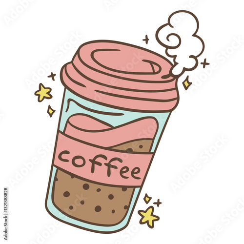 Warm Coffee Delight: An inviting illustration of a to-go coffee cup, brimming with freshly brewed coffee, steam gently rising and adorned with whimsical stars, ideal for conveying morning energy.
