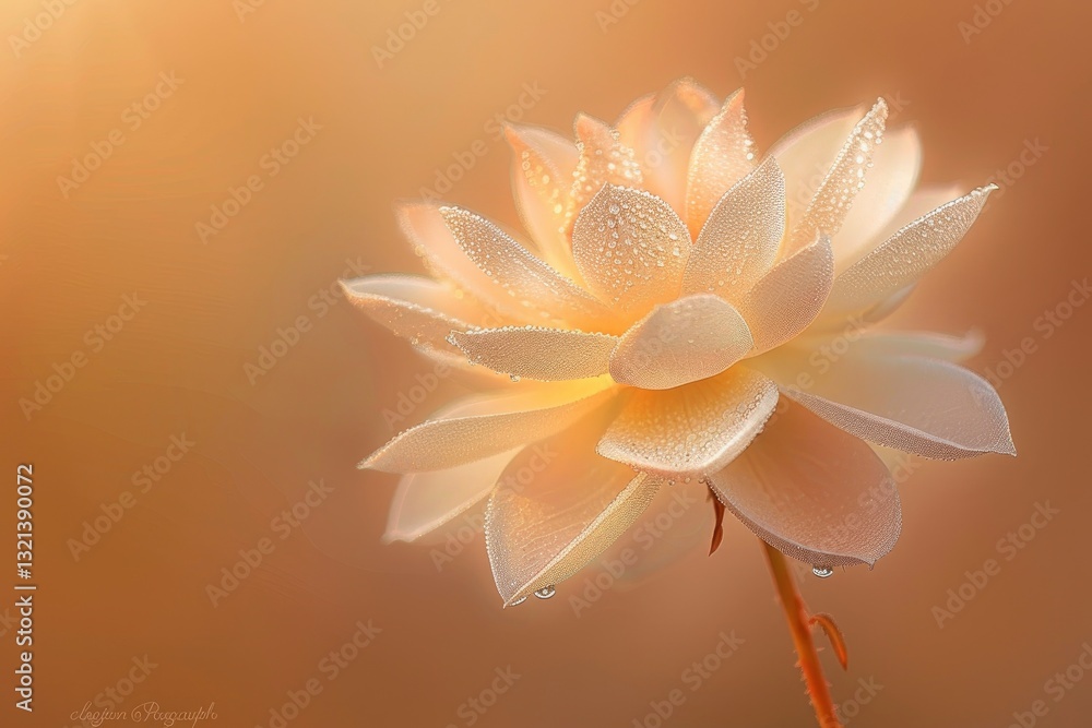 Fototapeta premium Delicate white lotus flower glistening with dew in soft golden sunlight, evoking tranquility and beauty