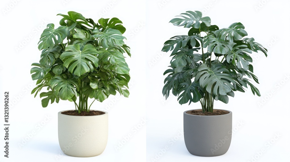 Obraz premium Lush Monstera Plants in Modern Round Pots White Background