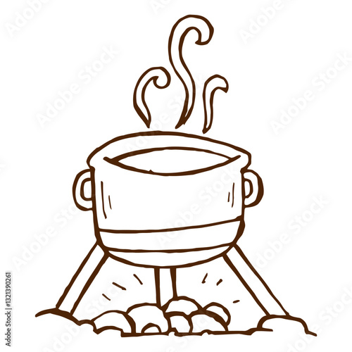 Boiling Pot of Culinary Delights: A minimalist illustration showcasing a pot of soup simmering on a rustic tripod, steam gently rising, inviting us into a warm, comforting culinary experience.