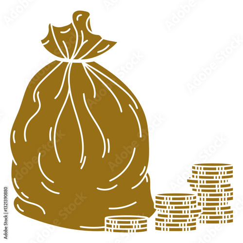 Bag of gold coins: A detailed graphic depicting a sack of wealth overflowing with shiny coins, with a visual representation of abundance and riches.