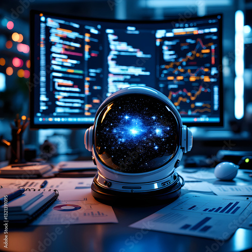 Astronaut working with computer in dark office. 3D rendering