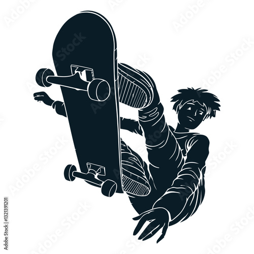 Skateboarder in Motion: A dynamic monochrome illustration captures a skateboarder mid-air, executing a thrilling trick with style and precision.