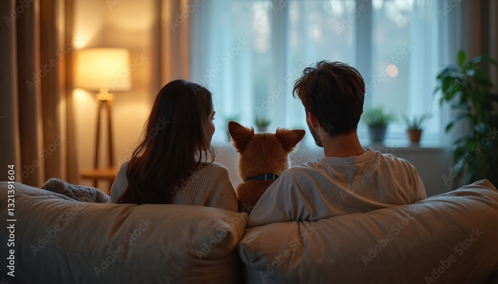 Rearview of couple, dog pet sitting together on sofa, watching tv in cozy living room. Family house indoor relaxation, dog cuddling on couch. Man, woman enjoy comfort, entertainment. Evening at home. Rearview of couple, dog pet sitting together on sofa, watching tv in cozy living room. Family house indoor relaxation, dog cuddling on couch. Man, woman enjoy comfort, entertainment. Evening at home.