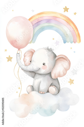 Wallpaper Mural Adorable Watercolor Baby Elephant with a Balloon on a Cloud Under a Rainbow – Soft Nursery Illustration AI Torontodigital.ca