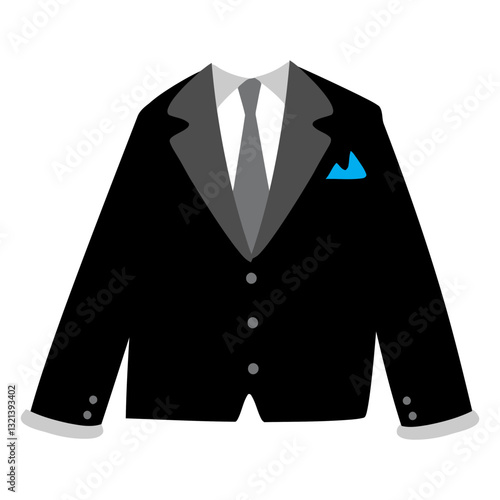 Elegant Attire: A sophisticated black suit with a stylish design, complemented by a refined tie and pocket square.