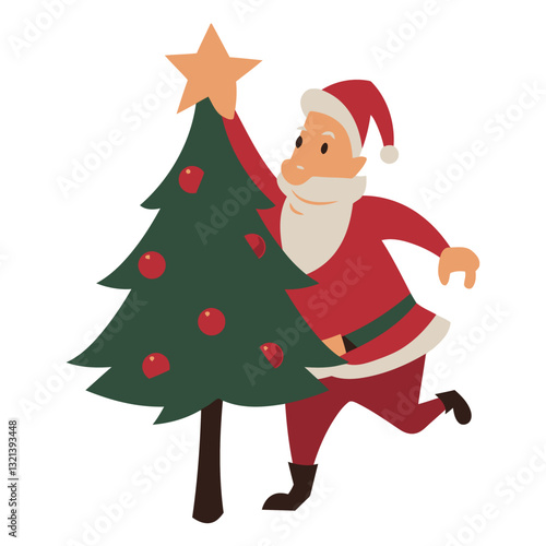 Santa Decorating Christmas Tree: A cheerful Santa Claus places a shining star atop a festive Christmas tree, embodying the joy and spirit of the holiday season. 