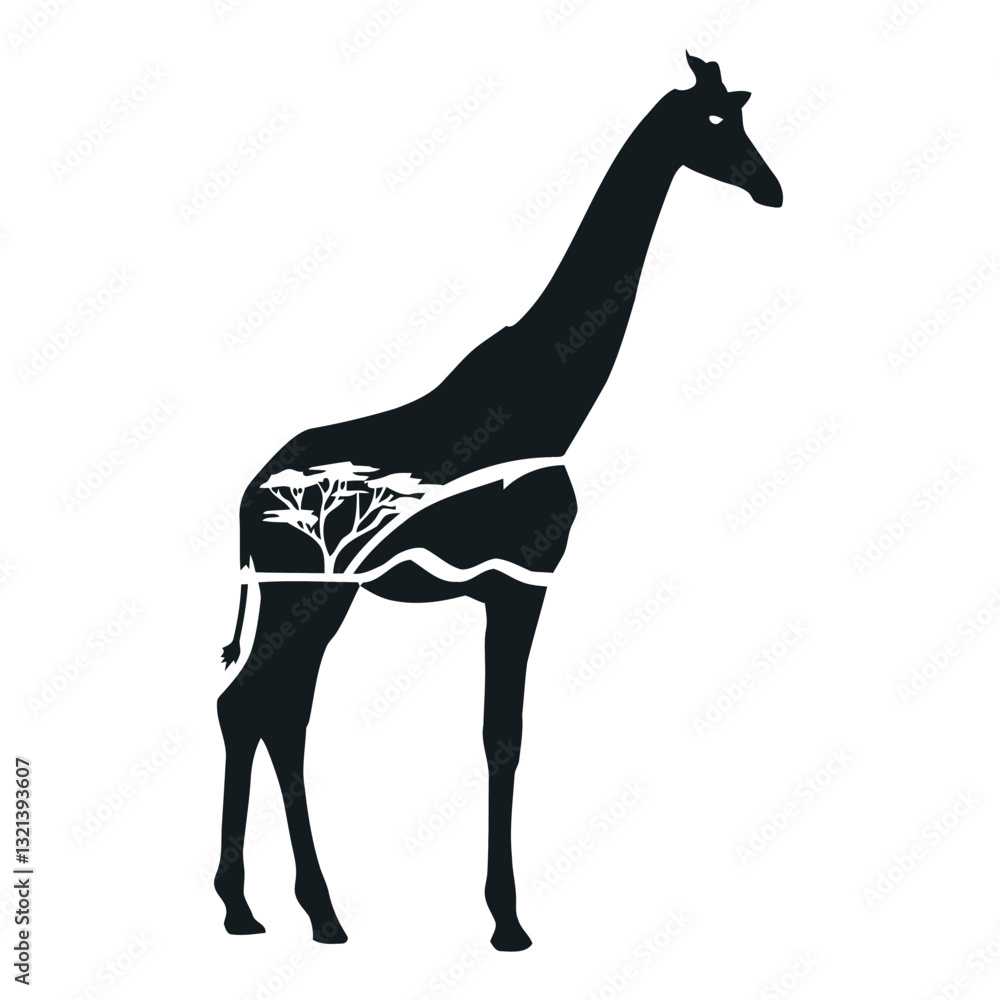 Obraz premium Silhouette of a Giraffe: A sophisticated silhouette of a giraffe, artistically portraying the essence of wildlife through a captivating fusion of minimalist form and thematic depth.