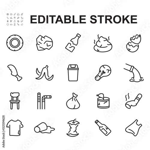 Collection of icons of various types of trash. Made in thin line style. Contains icons such as trash can, plastic trash, waste and more.