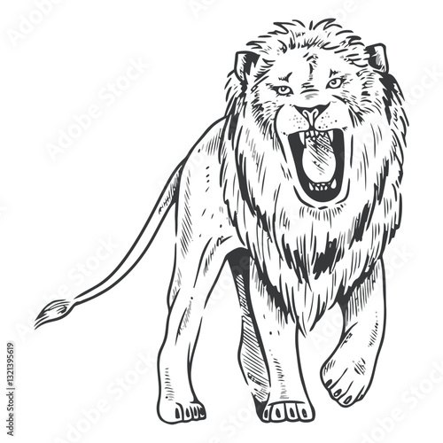 Majestic Lion: A powerfully drawn illustration of a lion, captured in mid-roar with a keen focus on its head, demonstrating its regal dominance and ferocity.