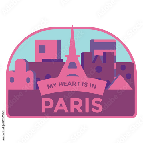 Parisian Heart's Desire: A graphic rendering of the iconic Eiffel Tower amidst stylized city architecture, complemented by a message, celebrating the city's allure and enduring charm.