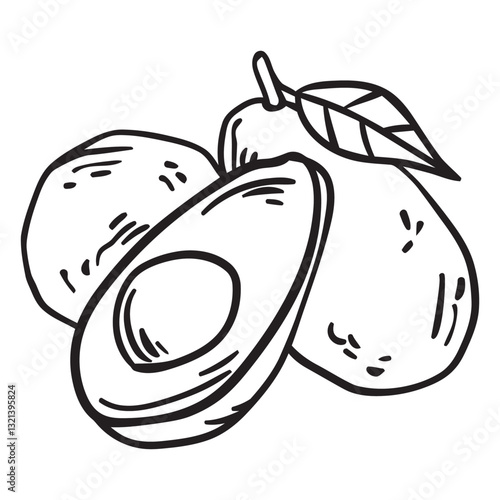 Fresh Avocado Illustration: A detailed black-and-white illustration of ripe avocados. one cut open reveals its creamy inside, while the others are whole, showcasing their fresh, healthy nature.