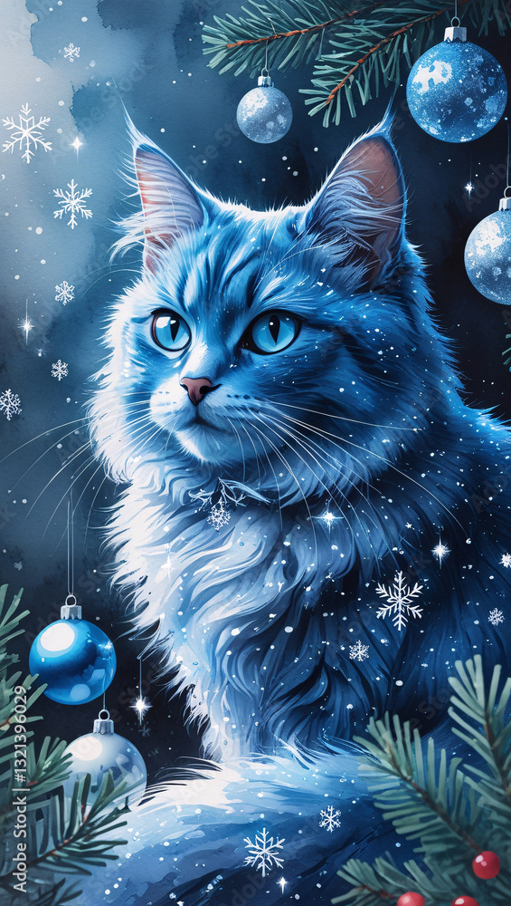 Dreamy blue cat with starry fur surrounded by delicate snowflakes and holiday ornaments, designed with soft watercolor textures to create a surreal and enchanting Christmas aesthetic. Dreamy blue cat with starry fur surrounded by delicate snowflakes and holiday ornaments, designed with soft watercolor textures to create a surreal and enchanting Christmas aesthetic.