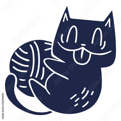Playful Feline Delight: A charming cartoon illustration features a delightful black cat joyfully engaged in a playful interaction with a ball of yarn. It evokes feelings of lightheartedness.