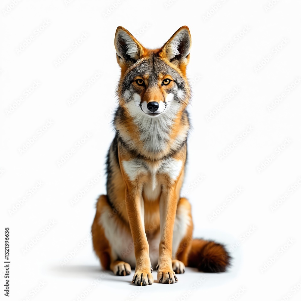 Front view of coyote sitting on white background. Furry wild animal with fluffy tail stares at camera in studio. Canine predator portrait. Isolated cut-out design. Concept for wildlife, nature, Front view of coyote sitting on white background. Furry wild animal with fluffy tail stares at camera in studio. Canine predator portrait. Isolated cut-out design. Concept for wildlife, nature,