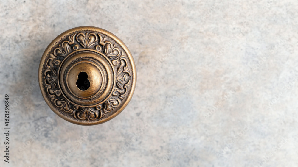 Intricate brass doorknob with ornate carvings on textured surface Intricate brass doorknob with ornate carvings on textured surface