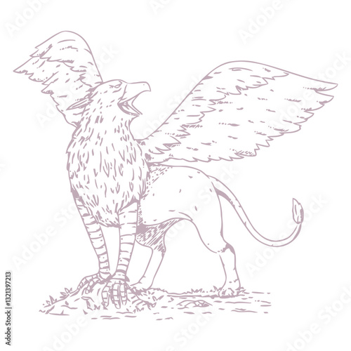 Griffin Illustration: A majestic griffin, a mythical creature embodying strength and vigilance, depicted in a simple, yet detailed line art illustration.