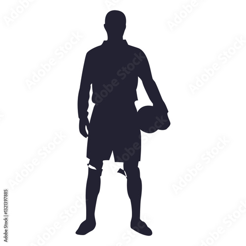 Silhouette of a Soccer Player Holding a Ball: A strong soccer player stands confidently with a ball, captured in a striking silhouette, ready for a decisive match.