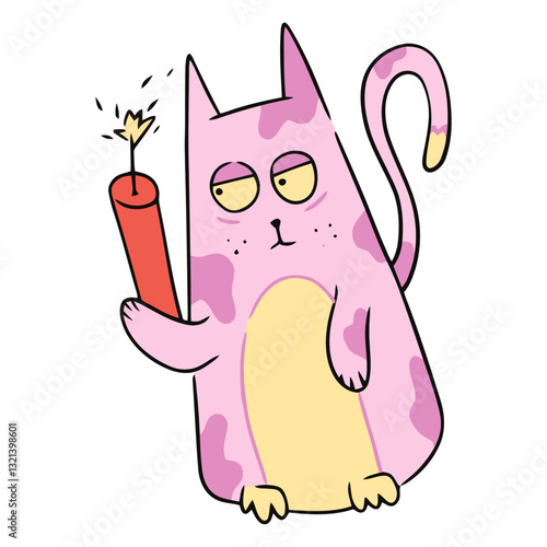 Feline Mischief: A cartoon-style cat, holding a lit firecracker, embodying a playful sense of mischief.