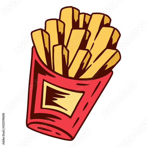 Crispy French Fries: A tempting carton of golden-brown french fries, a culinary staple, is featured in an eye-catching cartoon illustration.