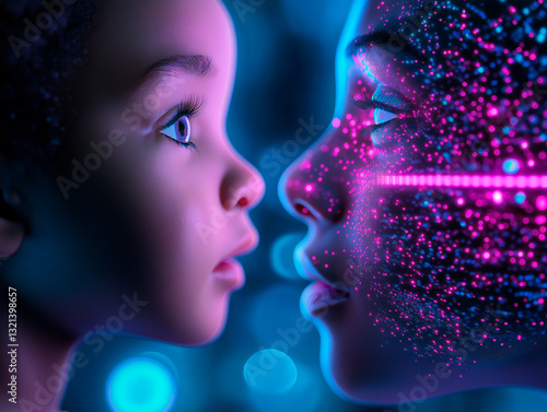 Child looking at cyber face illuminated with vibrant pink and blue lights. Abstract futuristic concept explores AI interaction, digital future, and emotional human-machine connection.