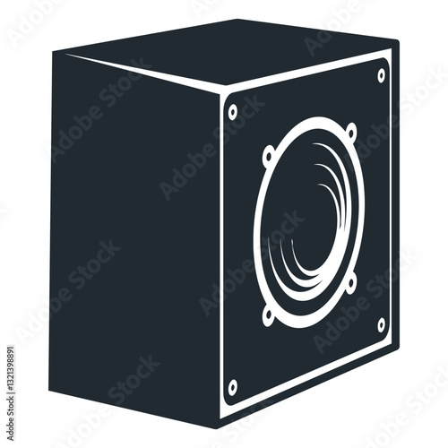 Digital Subwoofer Silhouette: An abstract illustration of a modern, square-shaped subwoofer, designed with a minimalist aesthetic in dark tones.