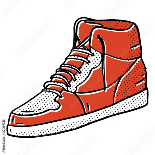 Vibrant High-Top Sneaker: A stylish illustration of a bold red and white high-top sneaker, showcasing a blend of athletic design and urban flair.
