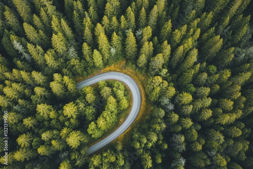 Aerial View of Dense Green Forest with Winding Road Cutting Through, No Other Structures Visible, High Vantage Point Capture