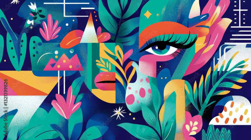 Surreal Botanicals: A whimsical face amidst foliage & geometric shapes, art for wall decor, poster or invitation with blue, green, pink & gold accents Surreal Botanicals: A whimsical face amidst foliage & geometric shapes, art for wall decor, poster or invitation with blue, green, pink & gold accents