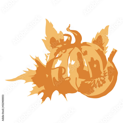 Autumnal Pumpkin Composition: A stylized illustration of a plump pumpkin adorned with intricate leaves, celebrating the seasonal harvest and autumnal bounty.