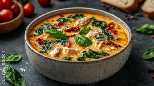 Delicious Marry Me Chicken Soup with Fresh Ingredients in a White Ceramic Bowl