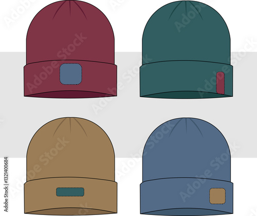 Wool Beanie Cap template illustration. Hat vector winter knitted hats garment empty design, cad, mockup.