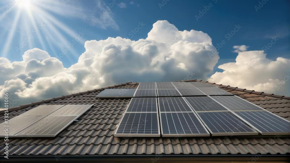 Photovoltaic panels are installed on a tiled roof, capturing solar energy under a bright blue sky dotted with fluffy white clouds and sun rays Photovoltaic panels are installed on a tiled roof, capturing solar energy under a bright blue sky dotted with fluffy white clouds and sun rays