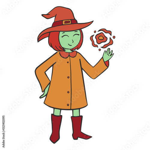 Enchanting Witch Casting a Spell: A whimsical illustration of a young witch, donned in a stylish coat and a pointed hat, conjuring magical sparks with her hand.
