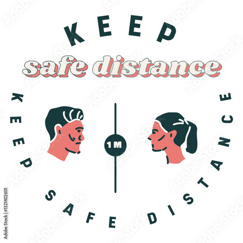 Social Distancing Sign: A vibrant illustration of social distancing, featuring two stylized silhouettes facing each other.