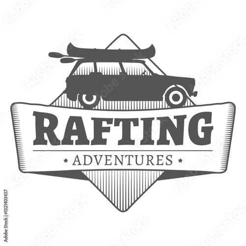 Rafting Adventure: A vintage car, adorned with a canoe, boldly proclaims Rafting Adventures in an illustrative badge-style design, perfect for adventure enthusiasts.