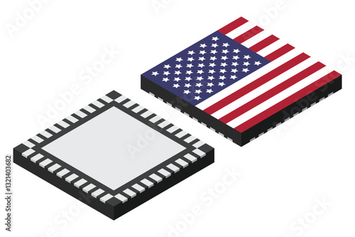 Microchip computer electronic component with USA flag. Microchip icon. Isometric microchip. Computer processor technology. Microprocessor