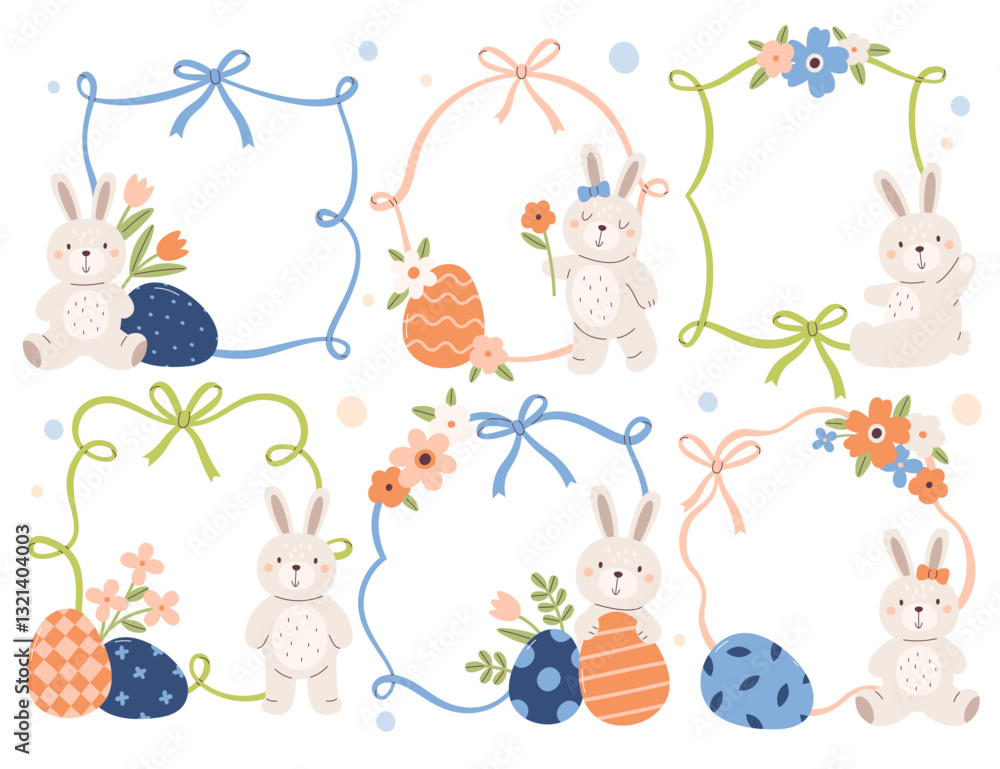 Silk ribbon frames isolated set with cute happy Easter bunny and eggs decoration holiday design Silk ribbon frames isolated set with cute happy Easter bunny and eggs decoration holiday design