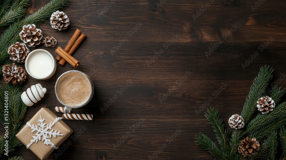 Warm Christmas Beverage and Wrapped Gift Overhead on Dark Wood for Holiday Cheer and Festivities Warm Christmas Beverage and Wrapped Gift Overhead on Dark Wood for Holiday Cheer and Festivities
