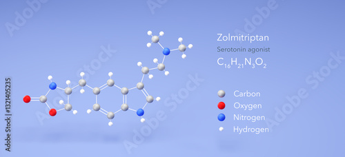 Fototapeta Naklejka Na Ścianę i Meble -  zolmitriptan molecule, molecular structure, psychiatric drugs 3d model, Structural Chemical Formula and Atoms with Color Coding